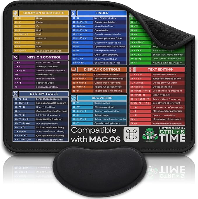 [MacOS Compatible] Computer Shortcuts Mouse Pad for MacOS - Wrist Rest Included. Portable Mousepad, Cheat Sheet Office, Gaming Commands, PC Functions DeskMat Waterproof & Non-Slip Desk Pad [12” x 10”]