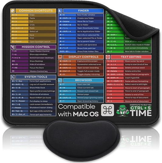 [MacOS Compatible] Computer Shortcuts Mouse Pad for MacOS - Wrist Rest Included. Portable Mousepad, Cheat Sheet Office, Gaming Commands, PC Functions DeskMat Waterproof & Non-Slip Desk Pad [12” x 10”]
