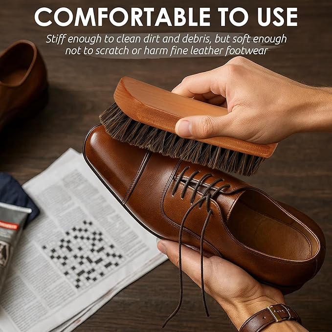 6.7" Horsehair Shoe Shine Brush Set of 2-100% Soft Genuine Horse Hair Bristles - Unique Concave Design Wood Handle - Comfortable Grip, Anti Slip - for Boots, Shoes & Other Leather Care
