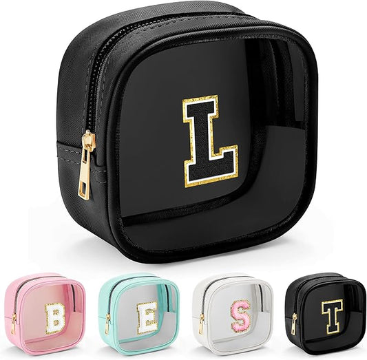 YOOLIFE Initial Makeup Bag Travel Toiletry Bag, Clear Makeup Bag Car Accessories For Women Clear Makeup Bags With Zipper Girlfriend Teacher 13 Year Old Girl Gifts Daughter Girl Gifts Mini Black L