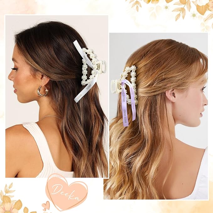 DEEKA Bridesmaid Proposal Gifts 8 Pack Pearl Bridesmaid Hair Claw Clips with Ribbon 3 Inch Hair Clips Bachelorette Party Favors Bridal Party Present Hair Accessories (Half Circle White&Purple)