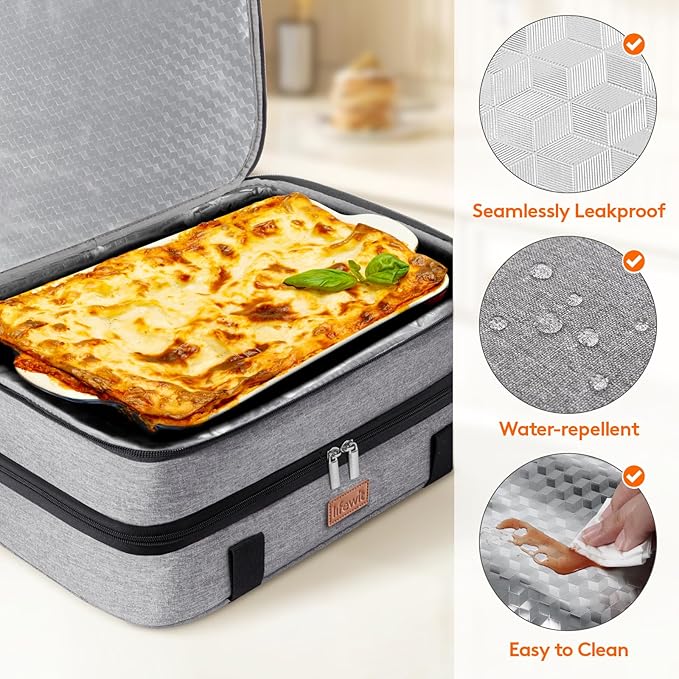 Lifewit Double Decker Casserole Carrier for Hot and Cold Food, Insulated Casserole Dish Carrier Carrying Case with Tool Room, Thermal Bag for Potluck Parties Cookouts Fits 9"×13" Baking Dish, Gray