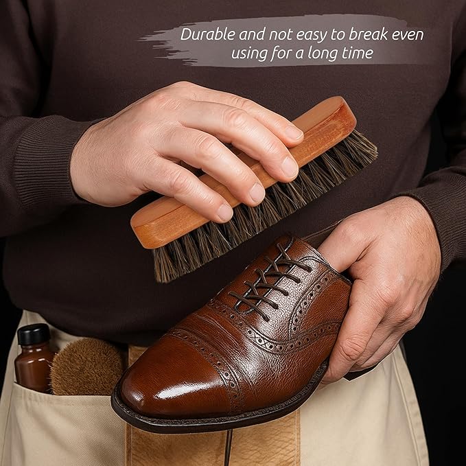 6.7" Horsehair Shoe Shine Brush Set of 2-100% Soft Genuine Horse Hair Bristles - Unique Concave Design Wood Handle - Comfortable Grip, Anti Slip - for Boots, Shoes & Other Leather Care