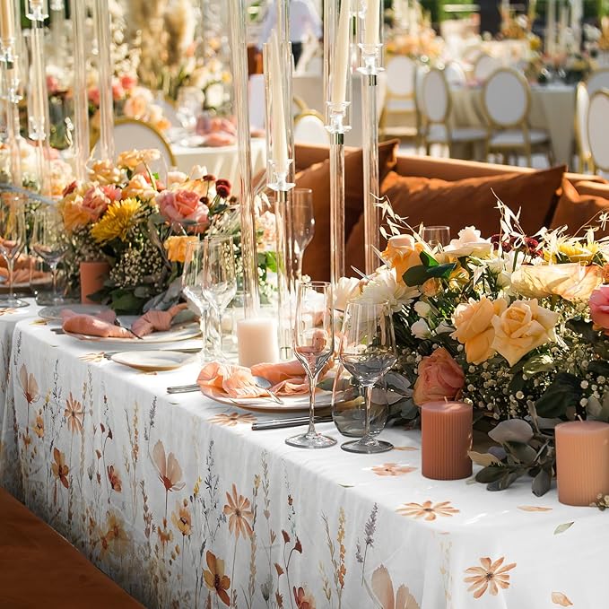 Ganeen 3 Pcs Fall Floral Tablecloth Disposable Plastic Table Covers Thanksgiving Autumn Harvest Wildflower Waterproof Tablecloths for Autumn Thanksgiving Birthday Wedding Party Decor, 54 x 108 Inch