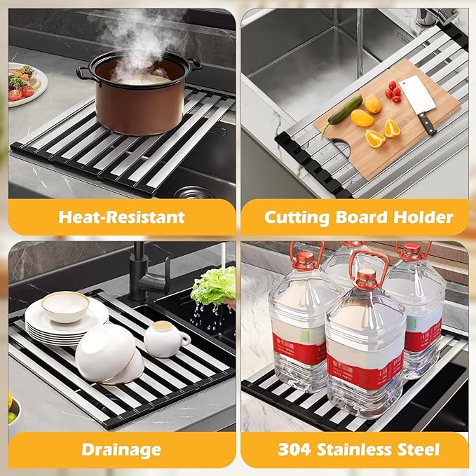 15.7"*12.8" Foldable Dish Drying Rack Thickened & Widened Over Sink Dish Drying Rack High-Temperature Resistant Removable Sink Storage Rack 304 Stainless Steel Drainer for Kitchen and Rv sink