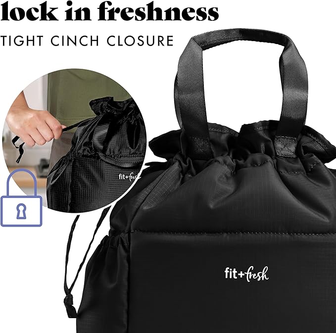 Fit & Fresh Cromwell Drawstring Lunch Bag for Women, Complete Lunch Set with 2 Containers, Stain-Resistant, Leak-Resistant, Back to School Essential, Teacher Lunchbox, Black