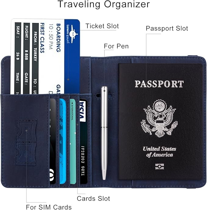 WALNEW Passport Holder for Travel, RFID Passport Cover Wallet for Women Men, PU Leather Passport Book Card Holder Case with Pen (Elastic Band Closure, A-Navy Blue)