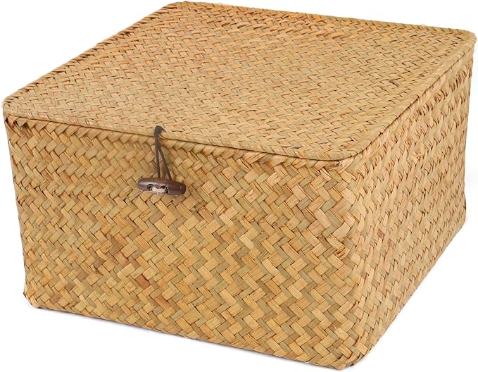 Wicker Shelf Baskets with Lid, Handwoven Seagrass Storage Basket Bins Square Gift Boxes for Shelves Home Decor Organizer (Natural, Medium)