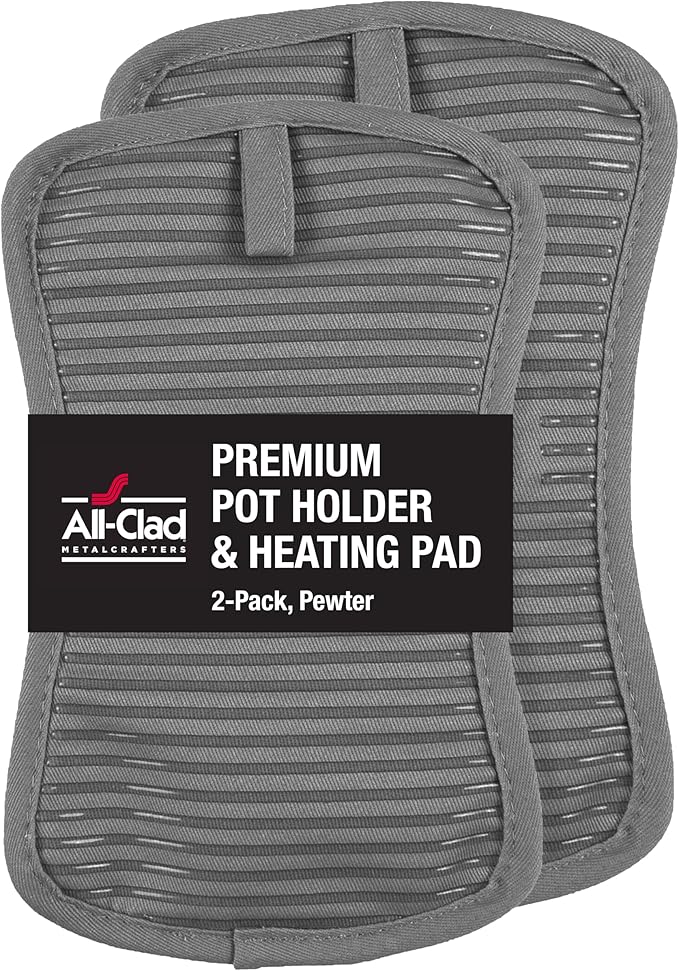 All-Clad Premium Pot Holder & Heating Pad, (2-Pack) Heat Resistant to 500 Degrees, 100% Cotton 10"x6.25" for Kitchen and Barbecue, Pewter