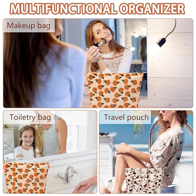 ZLFSRQ 2Pcs Daisy Flower Makeup Bag Travel Cute Cosmetic Bags for Women Large Floral Toiletry Pouch Zipper Cosmetic Pouch Set for Purse Aesthetic Corduroy Makeup Organizer Bag Portable Toiletry Bags