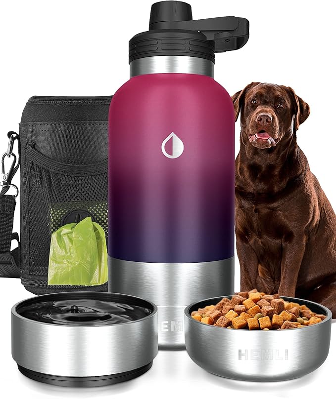 32 oz. Dog Water Bottle, Insulated Dog Travel Water Bottle, Stainless Steel Pet Water Bottle Dispenser Portable Food and Water Bowl for Dogs with Carrying Case for Walking Dog Canteen Travel Kit