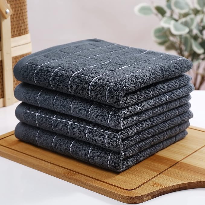 Homaxy 100% Cotton Terry Kitchen Towels(Dark Grey, 20 x 28 inches), Checkered Designed, Soft and Super Absorbent Dish Towels, Large 6 Pack