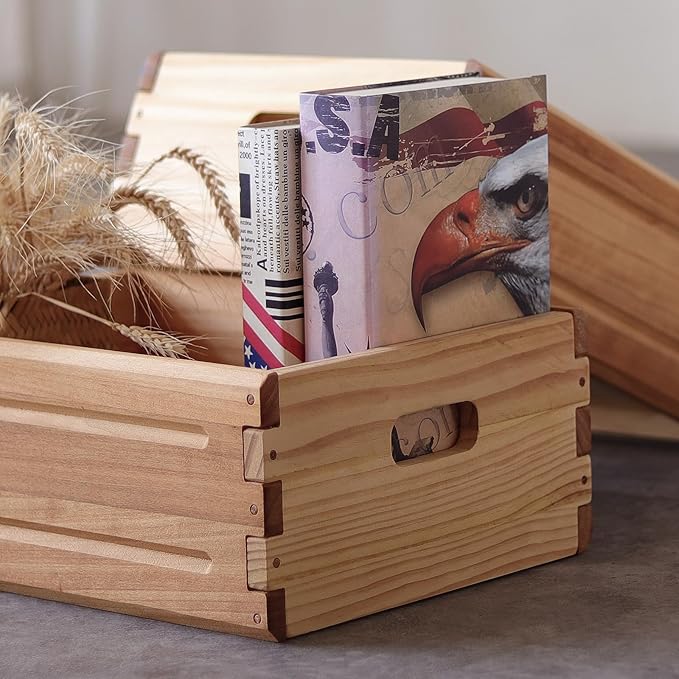 KLZLQ-XINCHEN 4 Pack Wooden Storage Bins of 16"x12"x6.25".Durable Open Solid Wood Box w/ Handles.Farmhouse Container Shelf Baskets. Multipurpose Home Décor Organizer Crates for Display,Pantry,Book,CD