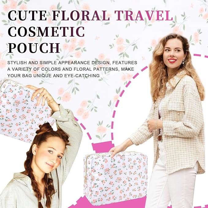 Waterproof Nylon Large Makeup Bag Travel Pouch, Floral Preppy Big Cosmetic Bag Make Up Organizer Toiletry Bag with Zipper, Large Capacity Cute Zipper Pouch Storage Bag for Women Girls(Pink Flower)