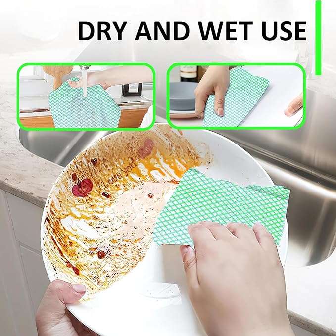 Disposable Dish Cloths Heavy Duty Disposable Cleaning Cloths for Kitchen Multi-Purpose Green Dish Rags 50 Count/Pack
