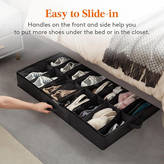 Lifewit Under Bed Shoe Storage Organizer 4 Pack (16 Pairs), 4.3" Tall Fabric Shoes Container Box, Foldable Closet Shoe Bag with 2 Reinforced Handles and Clear Cover, Black