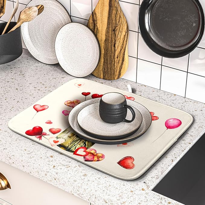 Valentine's Day Dish Drying Mat for Kitchen Counter,Red Love Canes Hearts Decorative Mason Jar Drying Mat 16 x 18 Inch with High Absorbent Microfiber Drainer Mat for Coffee Bar