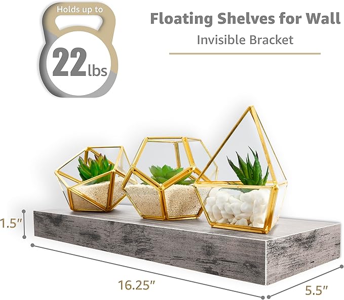 Sorbus Floating Shelves for Wall, Bathroom Shelves Wall Mounted for Kitchen, Bedroom, Bathroom Storage Over Toilet, Hanging Book Shelf for Wall Home Decor Living Room (Gray, 2 Pack)