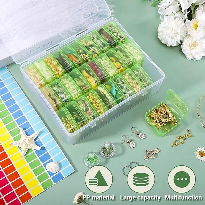 Cosics Bead Storage Containers, Clear Plastic Bead Organizer Case with Hinged Lid and Labels, Mini Craft Storage Box for Small Projects, Jewelry Kit, DIY Craft Supply, Stickers, False Nails, Green