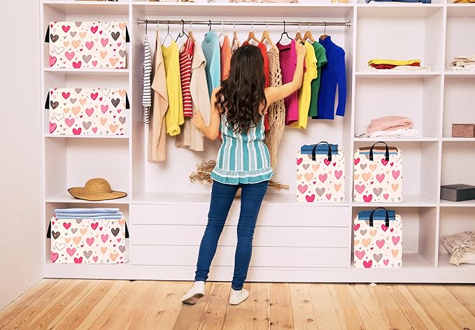 KUNRO Rectang Heart Valentine's Storage Basket Gift Shelf Basket Storage Bin, Nursery Basket Organizer Box for With Handles for Room Deco