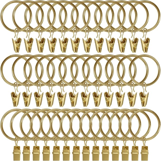 WeeksEight 40 Pack Gold Curtain Rings with Clips, Curtain Hooks Hangers Clip Rings for Hanging Drapes Bows Hat, Drapery Rings 1.5 in I D, Fits up to 1.2 in Diameter Curtain Rod.