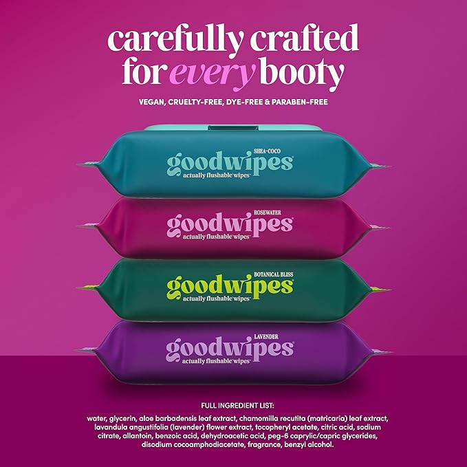 goodwipes Flushable Wipes for Adults - Rosewater Butt Wipes for Women & Men, Septic Safe, Toilet & Bathroom Essentials, Extra Large, 318 Count (6 Packs and 1 Travel Pack)
