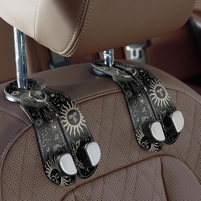 CoBak Purse Hook for Car - Universal Premium Stitched Leather and Aluminum-Magnesium Alloy Double Car Seat Back Storage Hook for Purses, Handbags, Bags (2 Pack), Star Mark