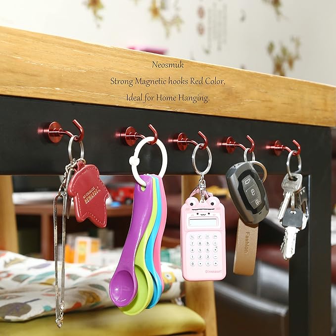 Neosmuk Magnetic Hooks, Heavy Duty 30lb+ Strong Magnet Hook for Cruise Cabins, Cruise Ship Essentials for Hanging, Metal Wall Refrigerator Hangers (Red, 12 Pack)