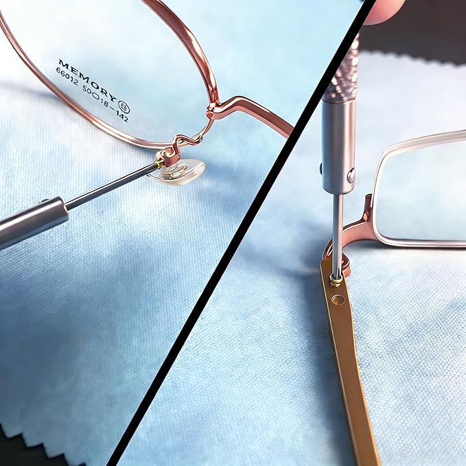 Gold Eyeglass Repair Kit with 18 Sizes Gold-Plated Screws, 1.4mm Precision Screwdrivers, Tweezers, Nose Pads & Cloth - Compact Eye Glass Repairing Kit for All Eyewear Types