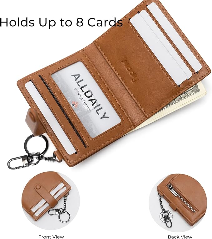 Alldaily Slim Keychain Wallet for Women, RFID Blocking Small Bifold Travel Credit Card Holder (Brown)