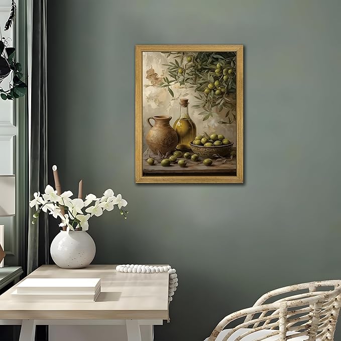 Wood Framed Olive Kitchen Wall Art, Vintage Rustic Still Life Canvas Print, Green Olives Poster Print Picture, Fruit Wall Decor Painting for Dining Room Cafe Restaurant Farmhouse Home Decor 16x24 inch