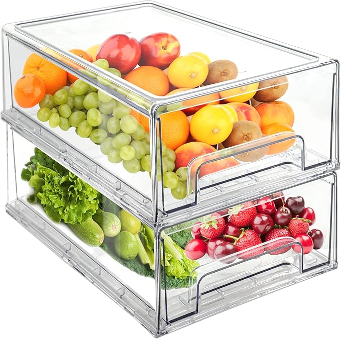 Mano 2-Pack Clear Fridge Drawers Pull Out Stackable Refrigerator Drawer Organizer Bins Pantry Storage Box Plastic Food Containers for Kitchen Bathroom Office Closet (2-pack-Large)