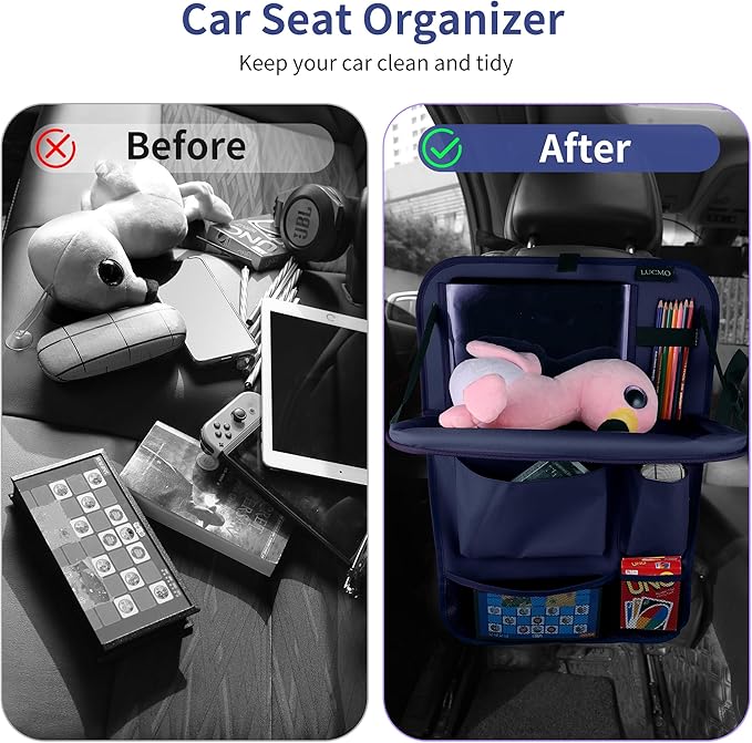 LUCMO Car Backseat Organizer with Tablet Holder, 6 Storage Pockets Car Storage Organizer with Foldable Food Tray, Seat Protectors Kick Mats Travel Accessories - Dark Blue