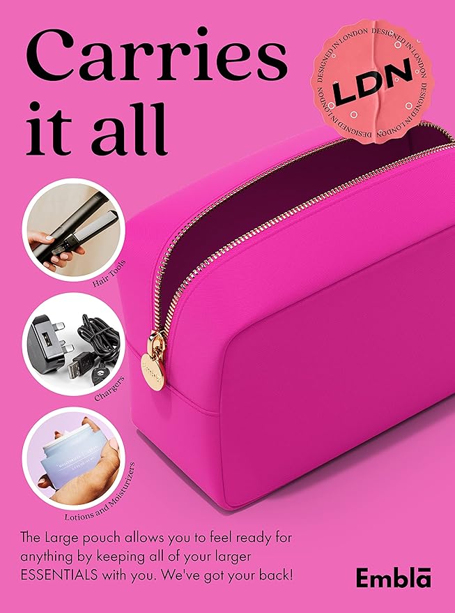 Embla Makeup Bag Travel Cosmetics Pouch and Toiletry Bag, Nylon Zipper Pouch Purse, Cute Make Up Organizer Storage Tote for Women Girls, Waterproof Travel Skincare Case, Large Makeup Bags, Fuchsia