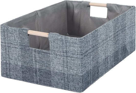 Fabric Storage Bin Box Collapsible Cotton Linen Storage Cube with Wooden Handles Rectangular Decorative Home Organizer Clothes Blanket Basket– Dark Gray Plaid, Small