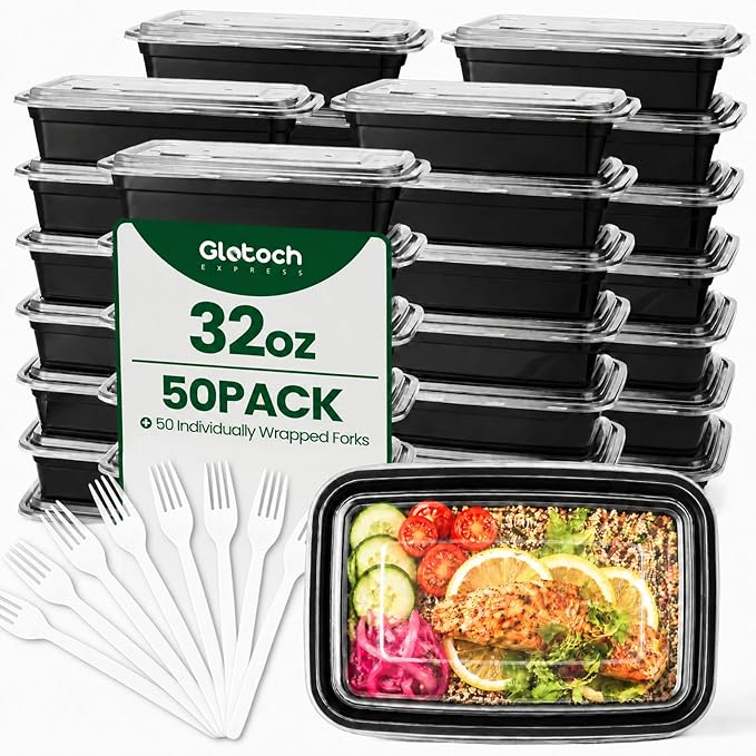 Meal Prep Containers with Lids 32oz-50 Pack & 50 Forks Individually Wrapped, Disposable Food Storage Containers BPA Free, Leak-Resistant, Microwave & Freezer Safe for Salad,Lunch,Take out,Togo Box