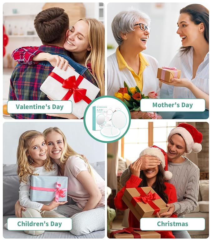 WOBSION LED Lighted Travel Makeup Mirror, 1x/10x Magnification, Compact, Portable for Handbag, Purse, Pocket, 3.5 inch Illuminated, Folding, Handheld, 2-Sided, Round, Cyan