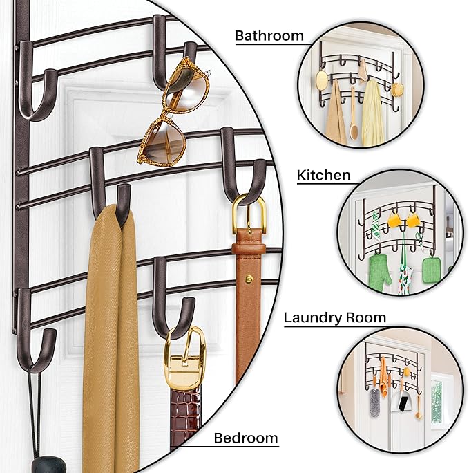 LYNK Professional® Home™ Over the Door Hooks - 14 Hook – Over the Door Coat Rack - Over the Door Hanger - Hanging Towels or Clothes - Bathroom, Bedroom, Laundry Room - Lifetime Ltd. Warranty, Bronze