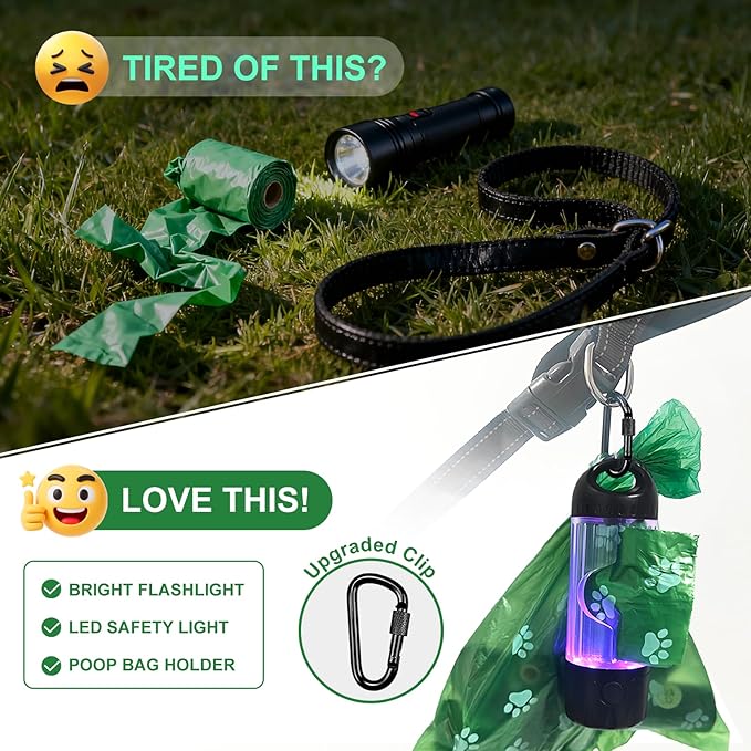 2-Pack Dog Poop Bag Holder with Flashlight 7-Color, USB-C Rechargeable doggie bag holder for leash, IPX6 Waterproof Anti-Slip Clip Pet Waste Bag Dispenser for Walking (60 Bags Included)
