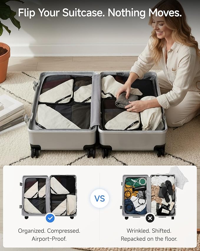 LUGGEX 6 Set Compression Packing Cubes for Travel, POX01 Luggage Organizers Bags, Suitcase Organizer with Shoe Bag Travel Accessories Essentials for Carry on & Checked (POX-En, Beige)