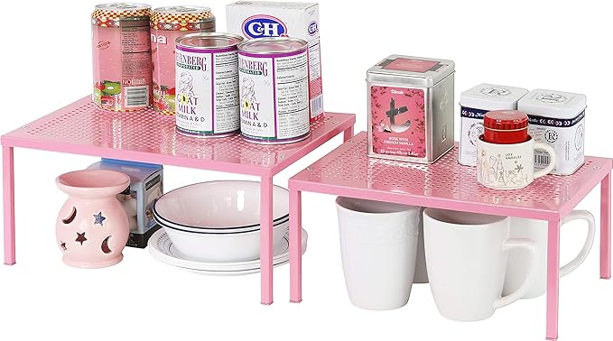 Simple Houseware Expandable Stackable Kitchen Counter Shelf Organizer, Pink, Metal Top, 11.25 in L x 7.9 in W x 5.4 in H