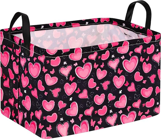 MAIZMZ Empty Gift Basket for Girls Heart Print Storage Cube for Women, Closet Shelf Waterproof Organizer Bins with Handles Nursery Hamper Kids Toys Books Box Room Decor