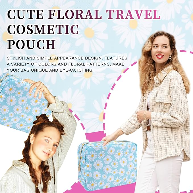Waterproof Nylon Large Makeup Bag Travel Pouch, Floral Preppy Big Cosmetic Bag Make Up Organizer Toiletry Bag with Zipper, Large Capacity Cute Zipper Pouch Storage Bag for Women Girls(Blue Daisy)