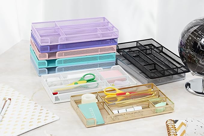 Annova Desk Drawer Organizer Tray for Office Organization - Metal Mesh - Storage Tray with Dividers for Pens, Desktop Accessories, Bathroom, Kitchen, Makeup and Office Supplies (Small, Purple)