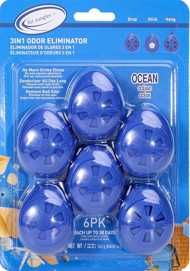 Air Jungles Shoes Deodorizer Ball 6 Count, Ocean Scent, Odor Remover Balls for Sneakers, Gym Bags, Lockers, Closets, Hampers, and Drawers. Essential Oil Provides Natural Freshness