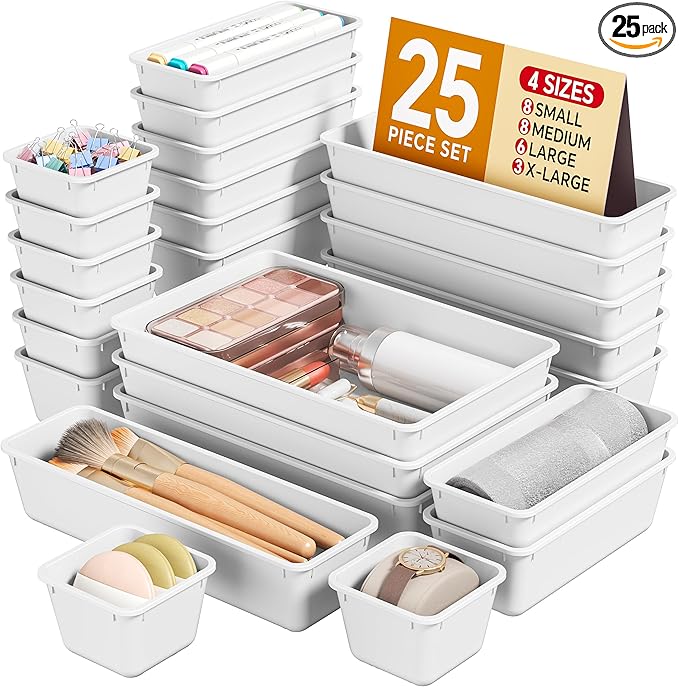 25 PCS Plastic Drawer Organizers Set, 4 Sizes Vanity Organizer, Makeup and Desk Drawer Organizer Trays, Organization and Storage for Makeup, Bathroom, Kitchen Utensils and Office (White)
