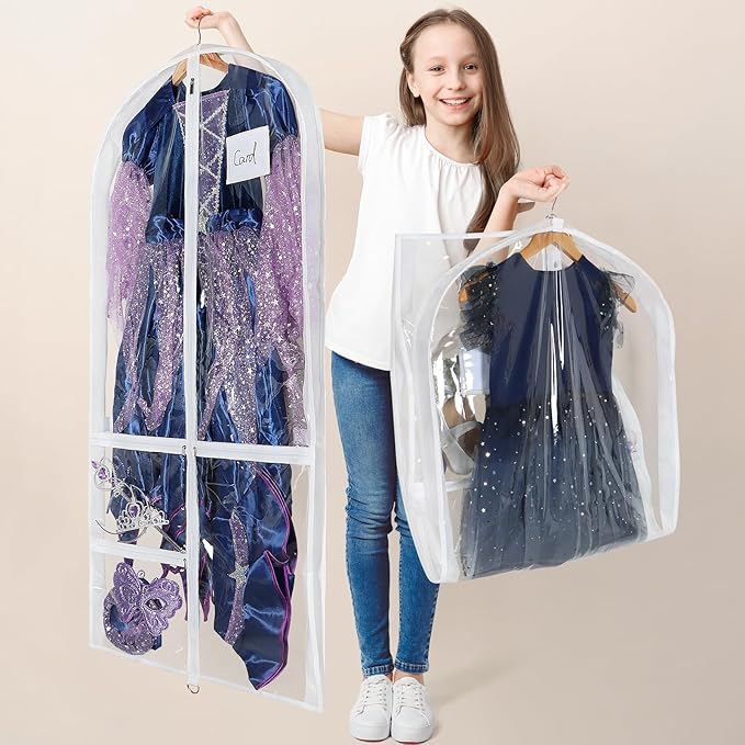 Univivi Clear PVC Dance Costume Bags, 50 Inch Garment Bag for Dance Competitions, with 3 Separated Medium Clear Zipper Pockets and 1 Large Back Zippered Pocket (White, 2 Pack)