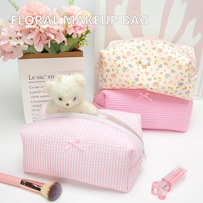 6PCS Cozy Makeup Bag SET Travel Cosmetic Bag for Women Soft Toiletry Bag Aesthetic Makeup Organizer Portable Large Zipper Pouch for Skincare Beauty Accessories Brushes Stripe Pink