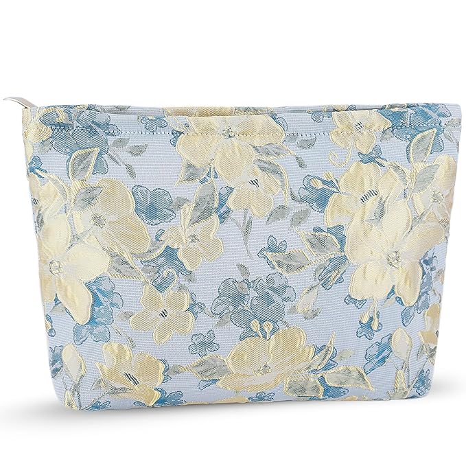 ZLFSRQ Flower Makeup Bag for Women Girls Travel Cute Floral Cosmetic Bags Large Cosmetic Pouch Purse with Zipper Portable Toiletry Bag Aesthetic Embossed Blue Beige Makeup Brushes Storage Organizer