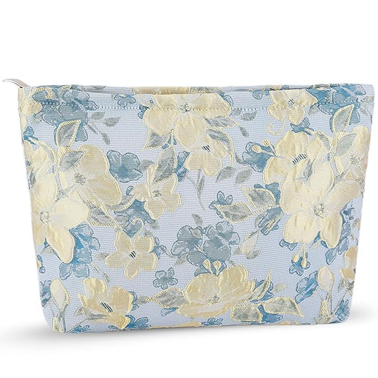 ZLFSRQ Flower Makeup Bag for Women Girls Travel Cute Floral Cosmetic Bags Large Cosmetic Pouch Purse with Zipper Portable Toiletry Bag Aesthetic Embossed Blue Beige Makeup Brushes Storage Organizer